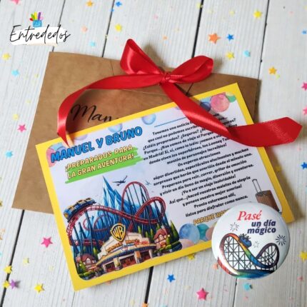 carta sorpresa personalizada anunciando un viaje mágico a dos parques temáticos, con diseño infantil y colores alegres"