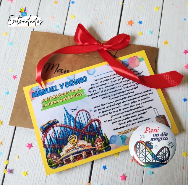 carta-viaje-sorpresa-warner-bros-02 carta sorpresa personalizada anunciando un viaje mágico a dos parques temáticos, con diseño infantil y colores alegres"
