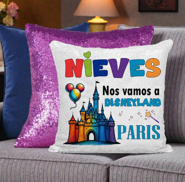cojin-sorpresa-disney-09 Cojín de lentejuelas rosa personalizado con mensaje sorpresa de viaje a Disney