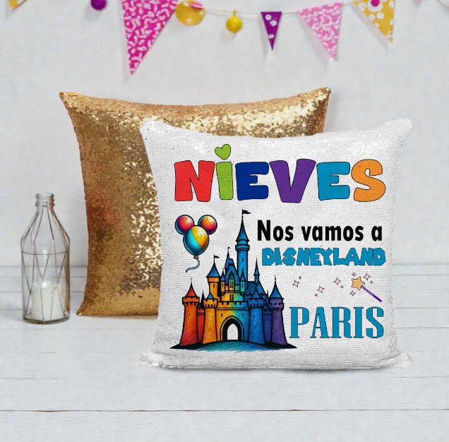 cojin-sorpresa-disney-12 Cojín de lentejuelas rosa personalizado con mensaje sorpresa de viaje a Disney