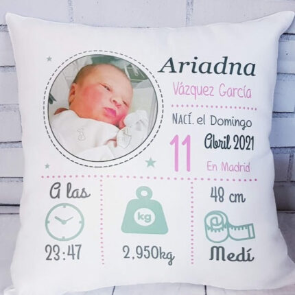 Cojín natalicio con FOTOGRAFÍA + DATOS DEL BEBE
