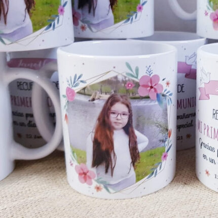 Taza comunión floral con fotografía