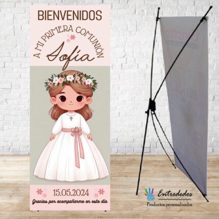 Banner para eventos diseño COMUNIÓN CORONA FLORES