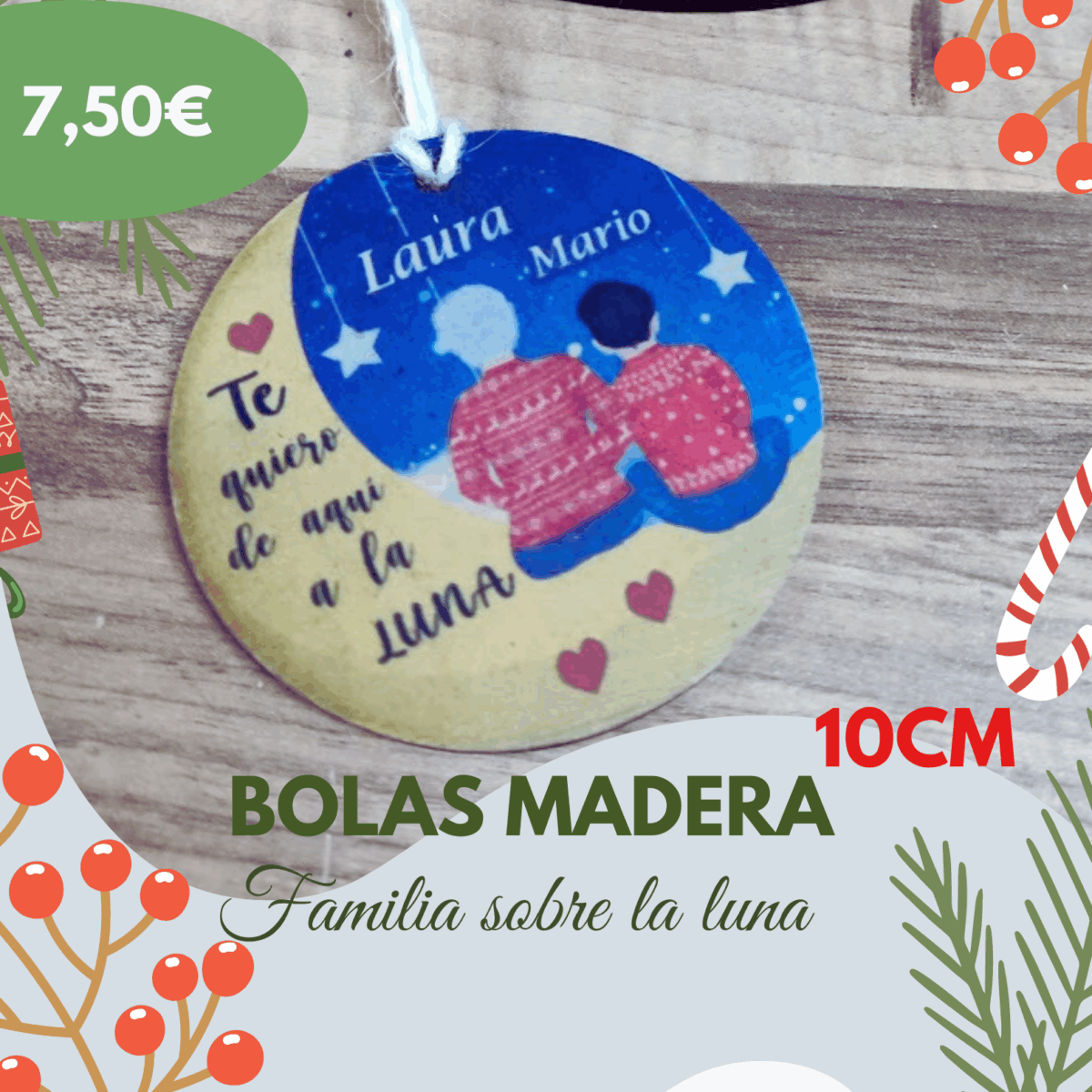 🎄 Bola madera personalizada 🎄 Familia sobre la luna - Imagen 1