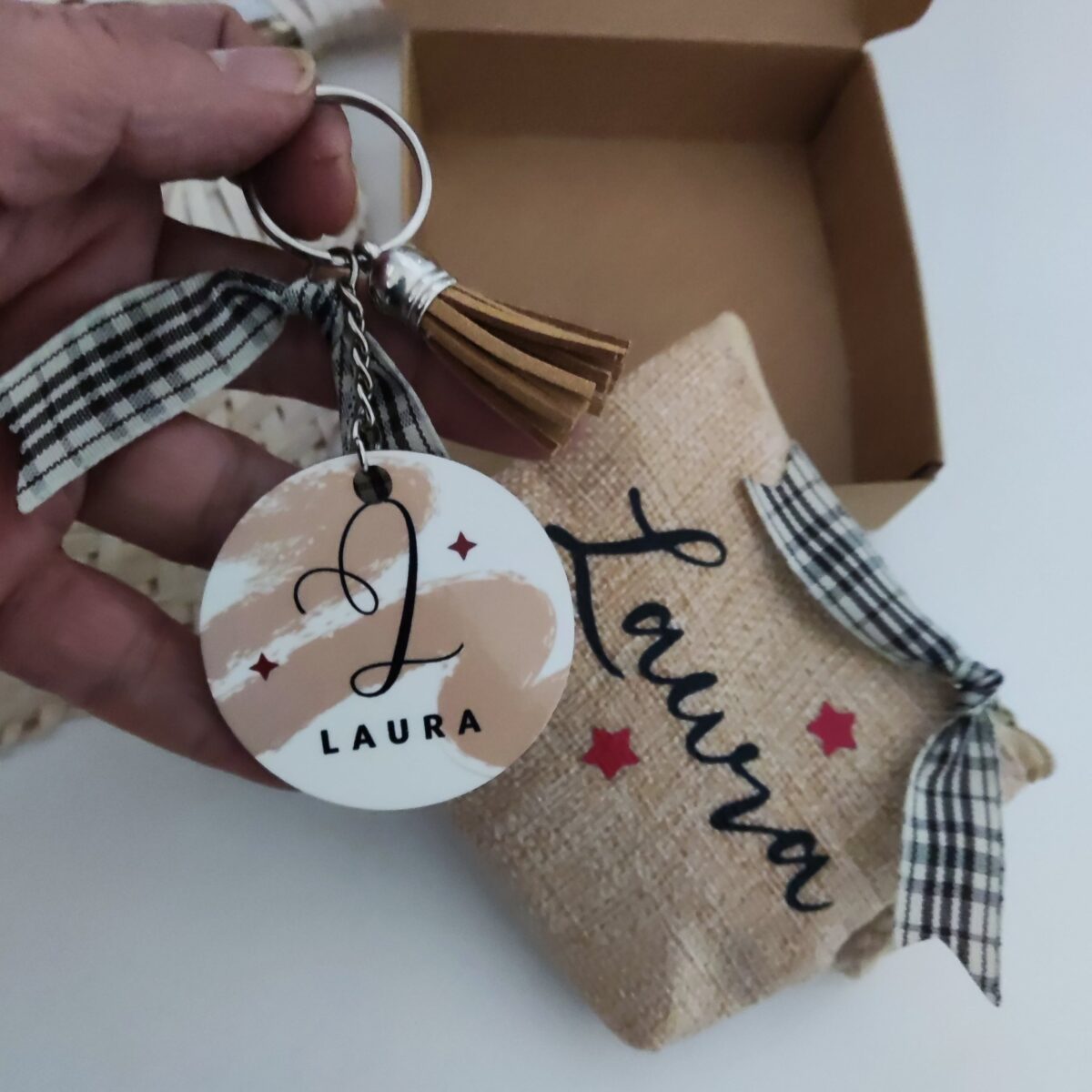 Set Monedero de yute y llavero personalizado - Imagen 1