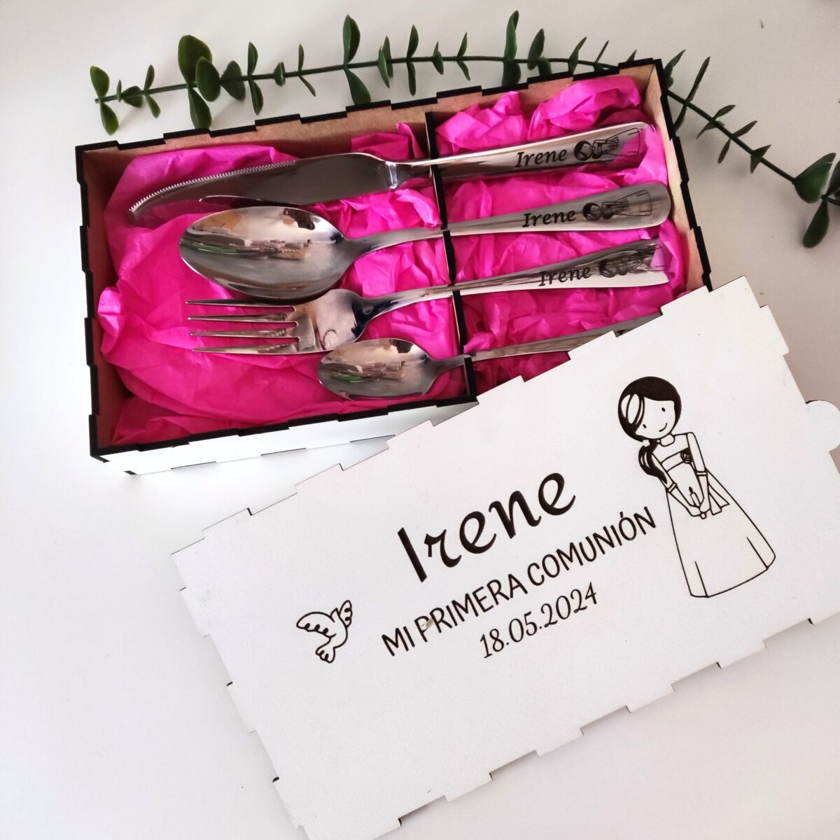 Cubiertos personalizados + caja de madera BLANCA - Imagen 2