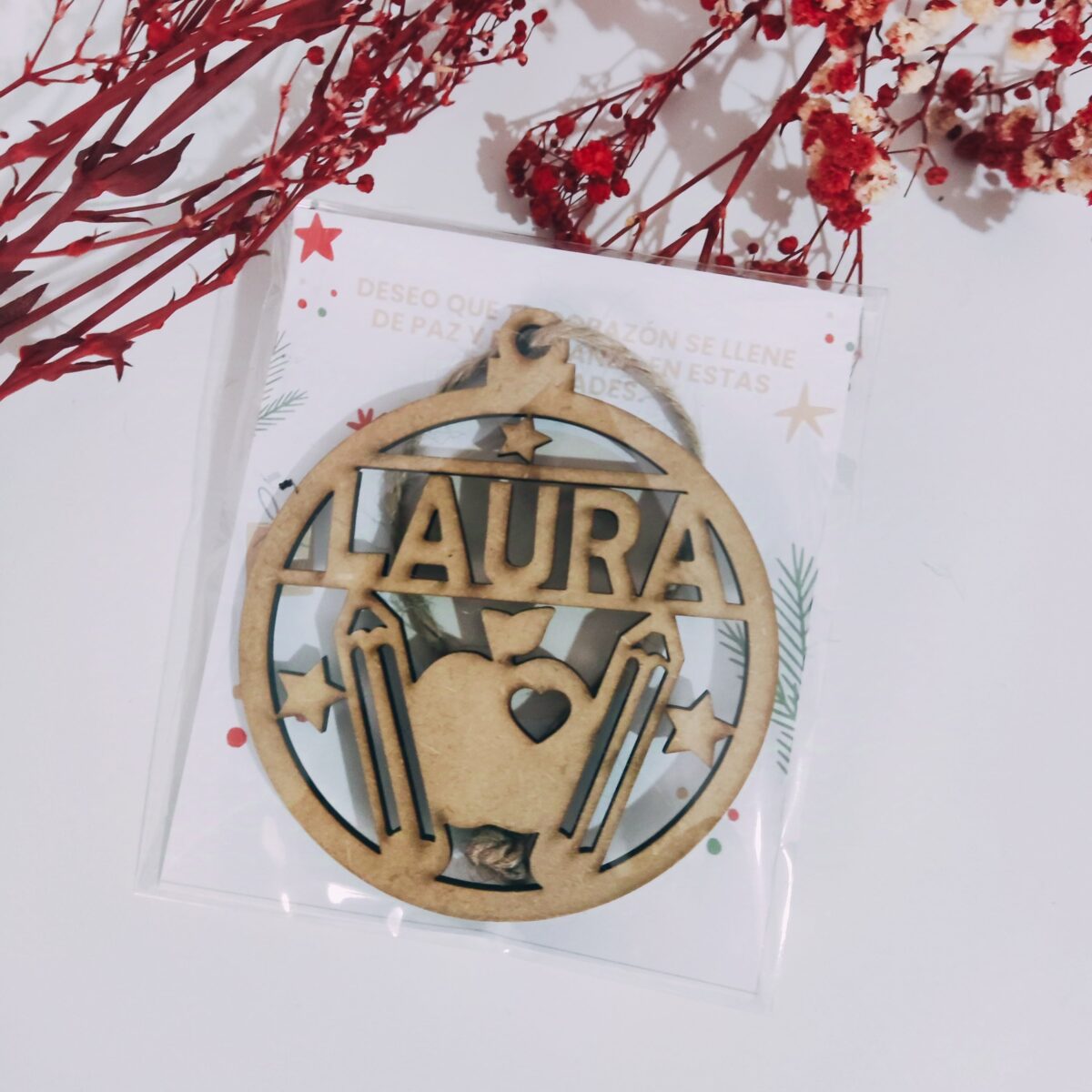 🎄 Bola madera personalizada profesor 🎄manzanita y lapiz - Imagen 2