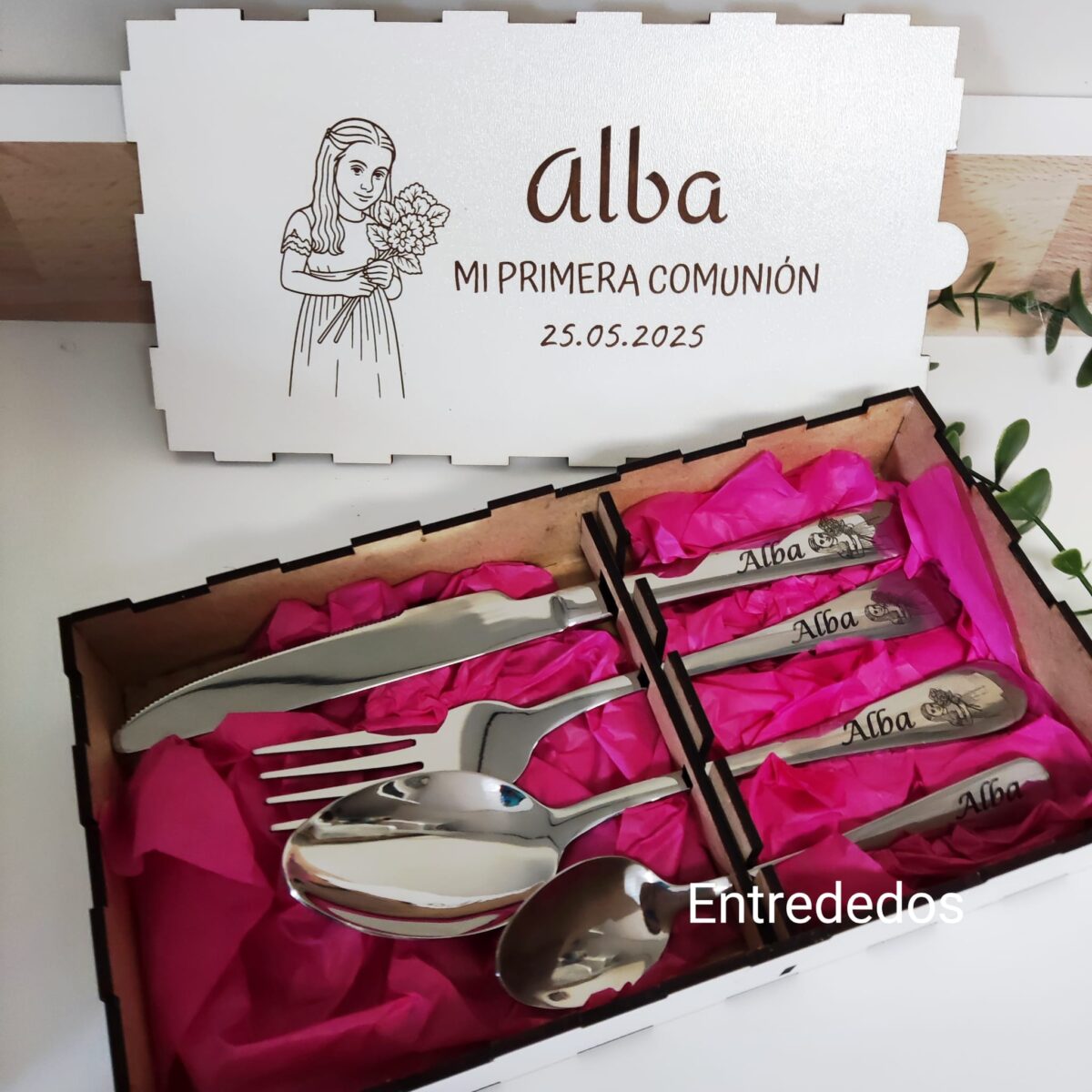 Cubiertos personalizados + caja de madera BLANCA - Imagen 5