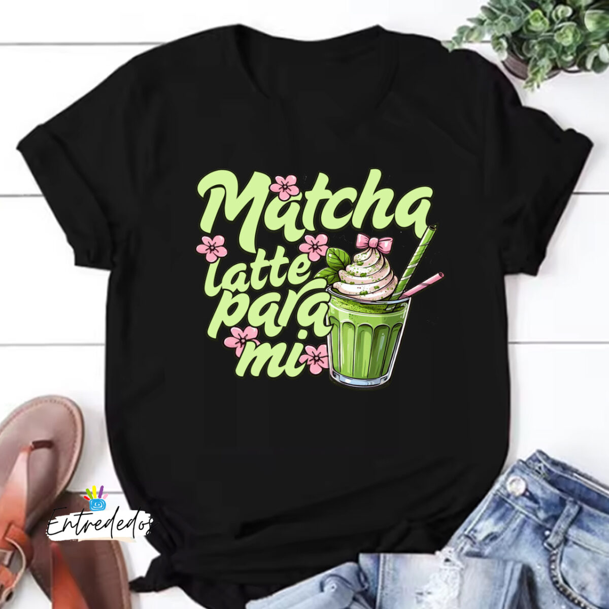 Camiseta mujer negra /MATCHA LATTE PARA MI - Imagen 1