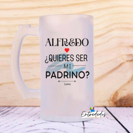 Jarra cerveza testigo con diseño ¿quieres ser mi padrino o madrina?