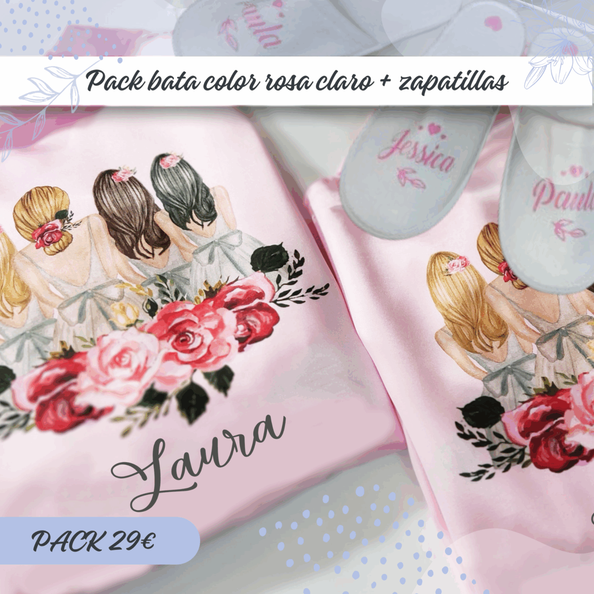 Pack bata + zapatillas para damas de honor en color rosa - Imagen 1