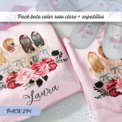 Pack bata + zapatillas para damas de honor en color rosa