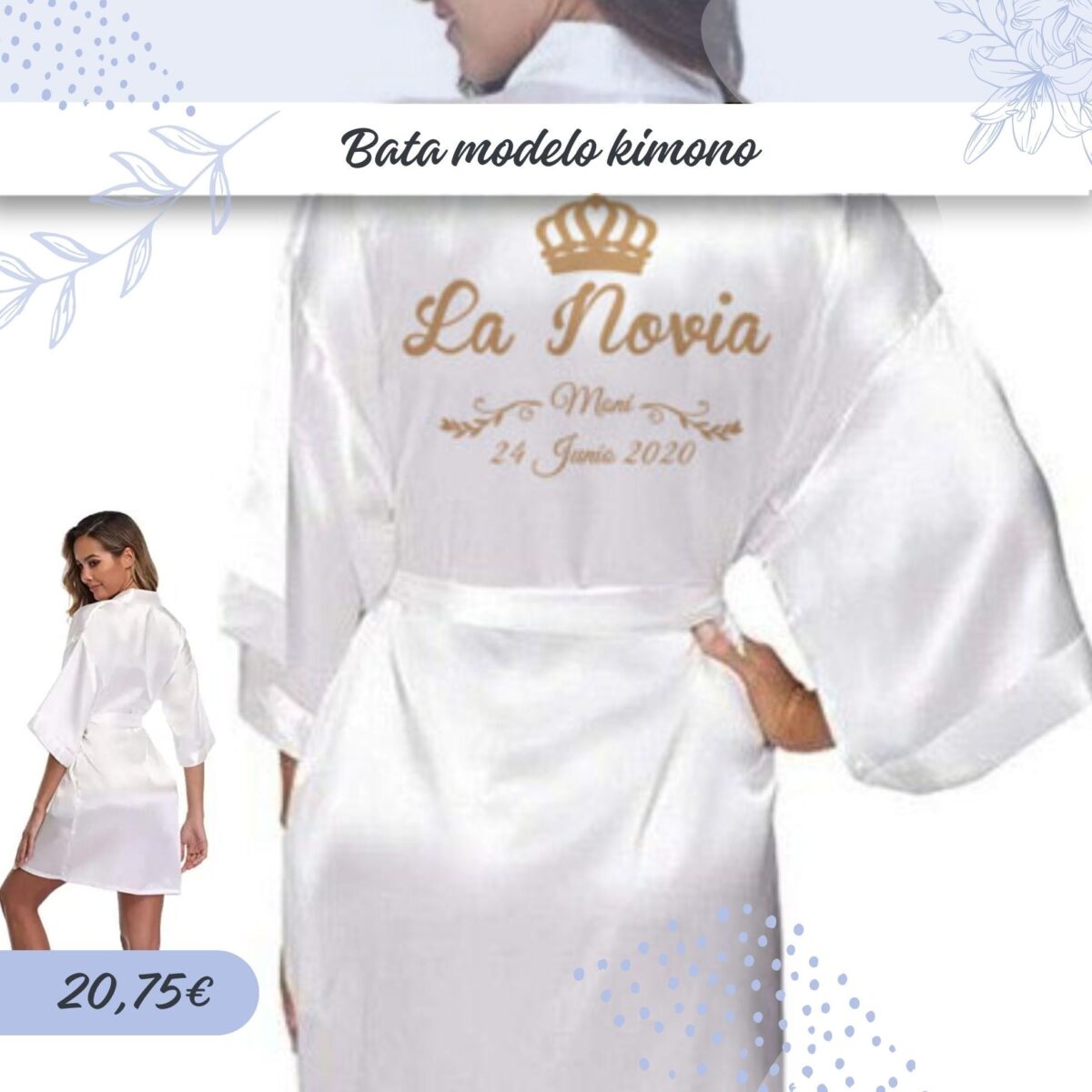 Bata de satén de novia blanca personalizada tipo KIMONO - Imagen 1