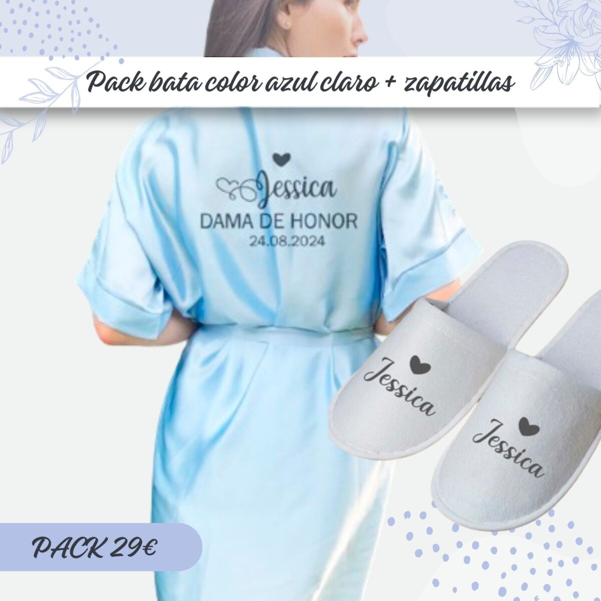 Pack bata + zapatillas para damas de honor en color azul clarito - Imagen 1
