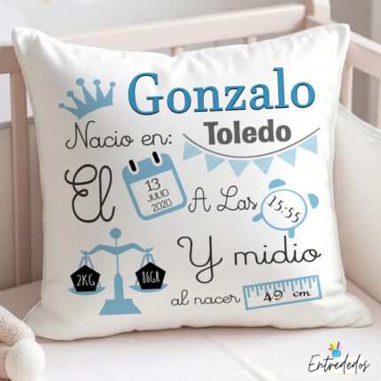Regalo Nacimiento Bebé – Cojín Personalizado Azul