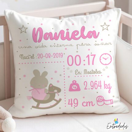 Cojín Personalizado de Nacimiento para Bebé Rosa