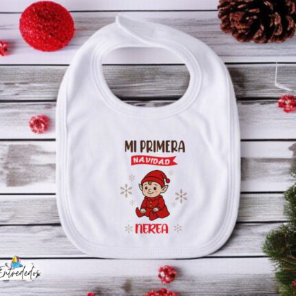 Babero elfo para bebé con nombre – Mi Primera Navidad