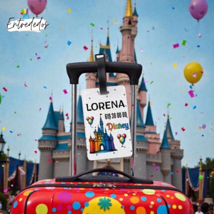 Identificador de maletas de madera personalizado con nombre y teléfono – Diseño Viaje a Disney
