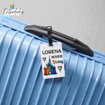 Identificador de maletas de madera personalizado con nombre y teléfono – Diseño Viaje a Disney