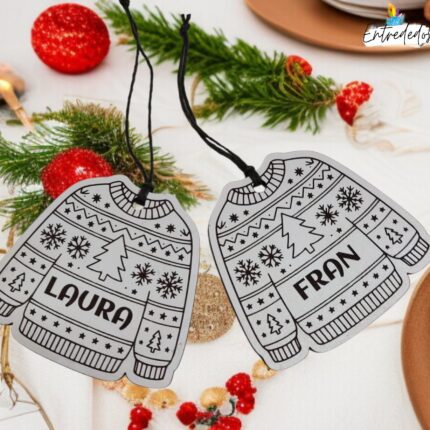 Adorno de Navidad con forma de suéter de madera MDF blanco personalizado con nombre