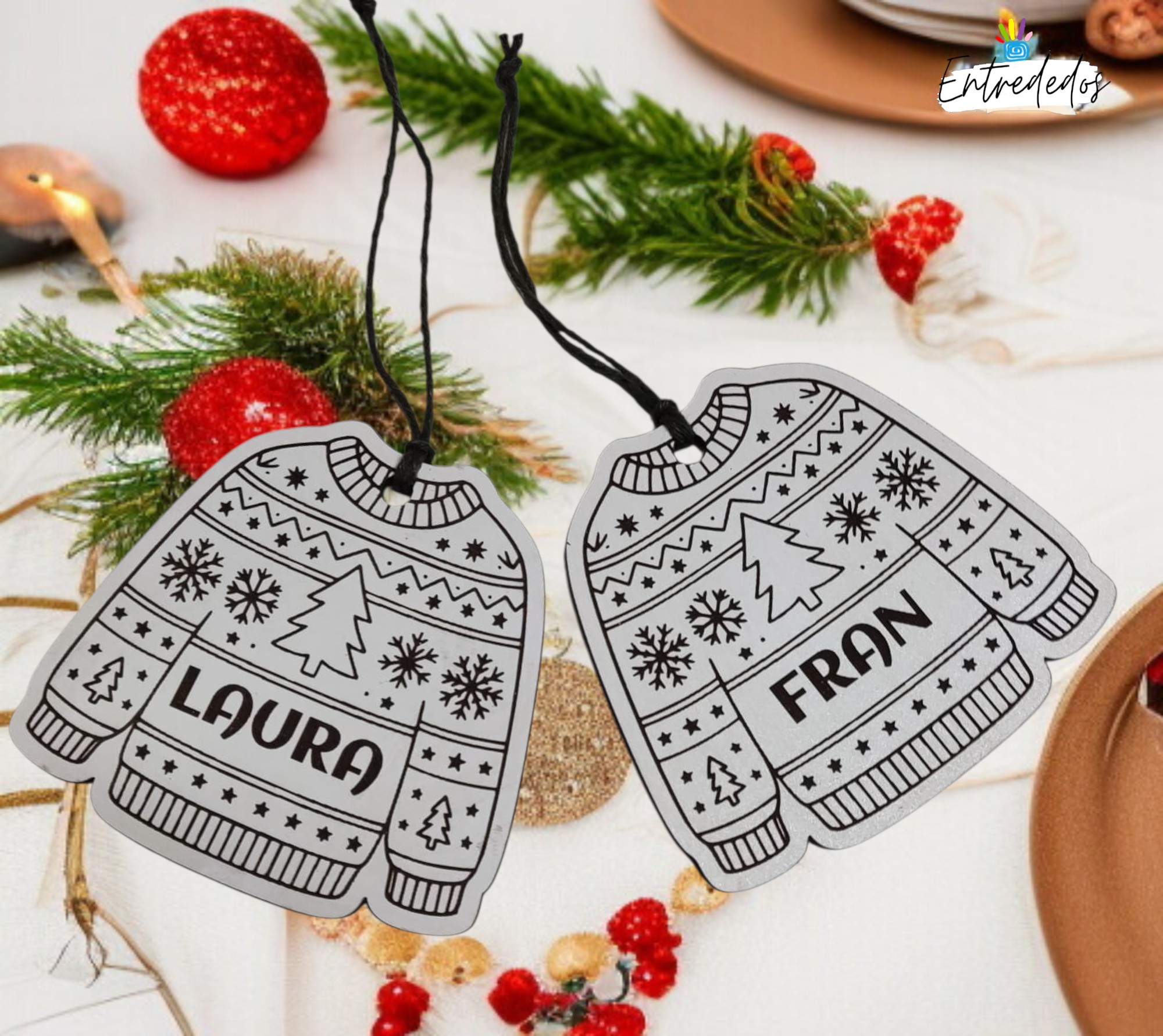 Adorno de Navidad con forma de suéter de madera MDF blanco personalizado con nombre